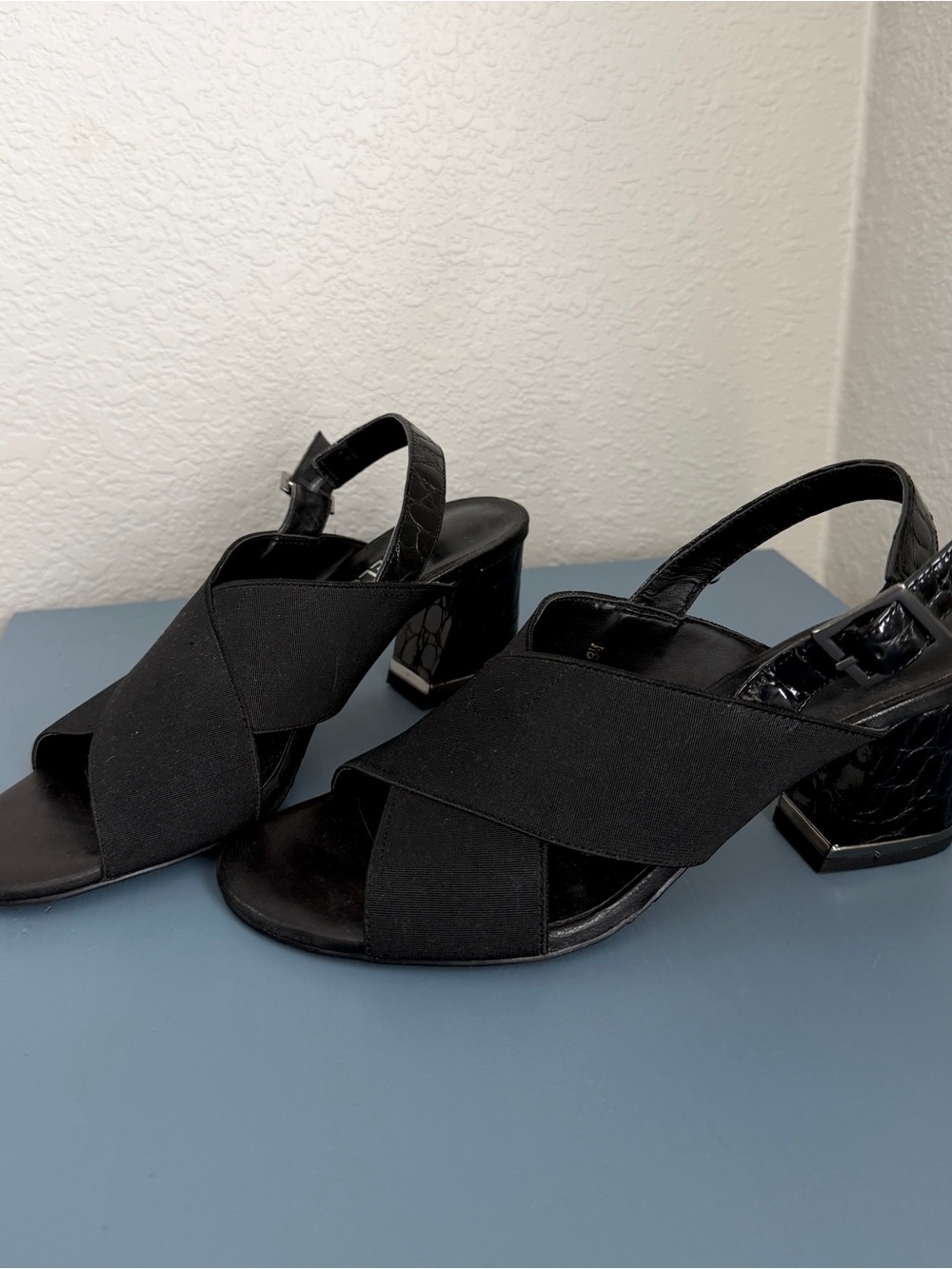 VANELI Black Slingback Block Heels Stretch Fabric